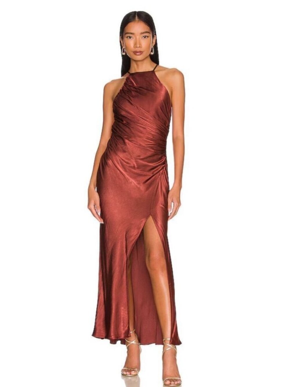 NWT Shona Joy Thalia Gathered Square Neck Bias Midi Dress in Sangria